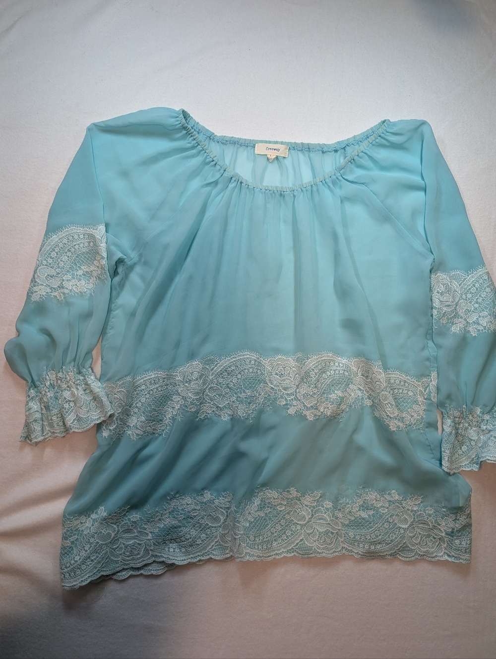 Freeway Chiffon Lace-Paneled Off-Shoulder Blouse - Aqua